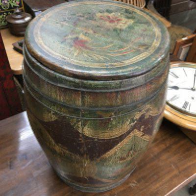 A vintage wooden painted barrel, 45cm tall. NO RESERVE
