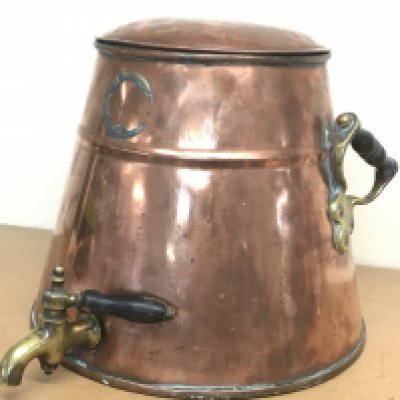 An unusual antique copper hot water urn with tap and two offset handles , 26cm tall. Postage category C