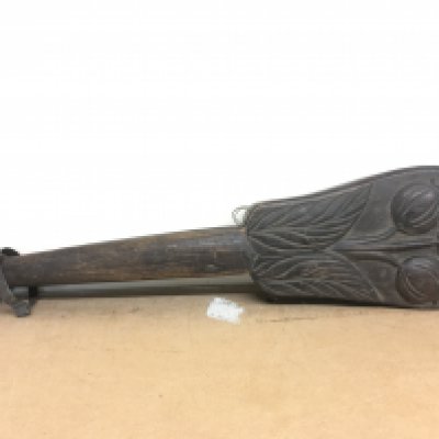 Unusual wooden carrying scales in a floral design case. Possibly African. Postage category B