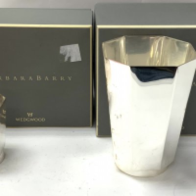 2 Barbara Barry for Wedgewood steel 6&rdquo; vase and Votive holder. (B)
