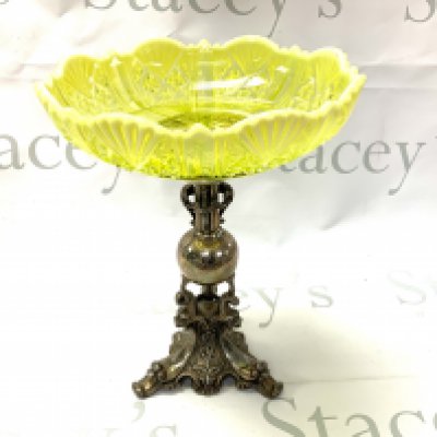 A Victorian silver plate and Vaseline glass table centrepiece. (D) some damage.