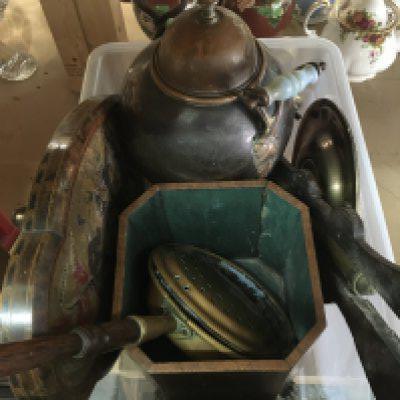 A box of oddments including brass charger, samovar, map, bed pan etc. this lot cannot be posted