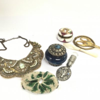 A collection of various vintage items including small gilt or scissors, scent bottle, two China boxes etc. this lot cannot be posted