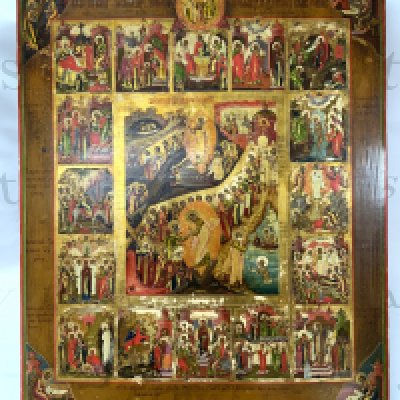 A large 19th Century Russian wooden panel Icon depicting The Great Feasts and Scenes from the Gospels and the Old Testament. 53.5cm x 44cm. (D)