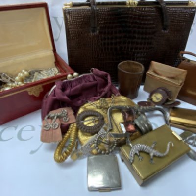 A mixed collection of vintage handbags, compacts and buckles and vintage costume jewellery (C)