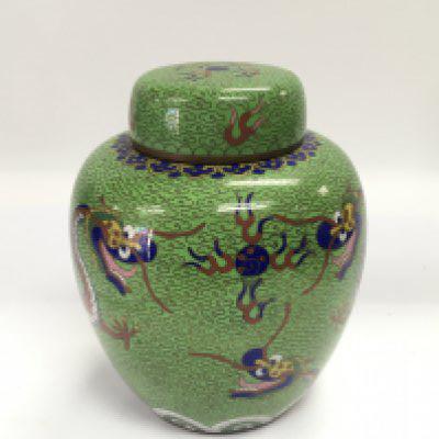A Cloisonne ginger jar and cover decorated with dragons, approx height 15cm. Shipping category D. NO RESERVE