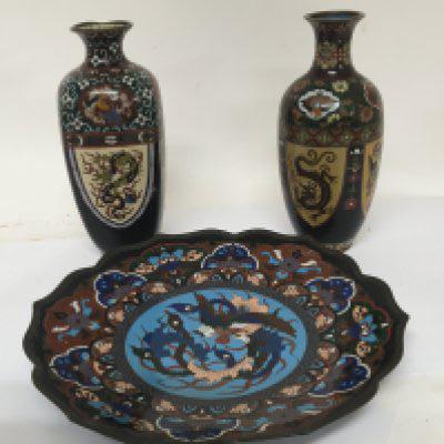 A cloisonn&#2013265929 dish with a shaped edge diameter 30cm and two vases (3) NO RESERVE