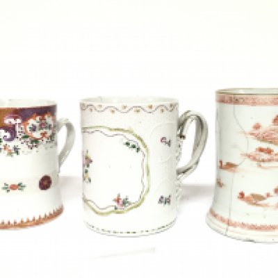 Three 19th century Chinese porcelain tankards with damage and restoration. 12 to 13.5cm tall. This lot cannot be posted