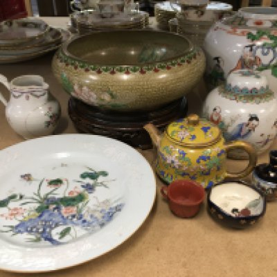 A collection of Oriental ware including two ginger jars, 18th century plate and jug, cloisonne bowl and other ware