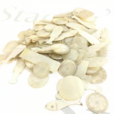A collection of Chinese mother of pearl game counters including fish, rectangles, ovals, circle shapes etc. Postage category B
