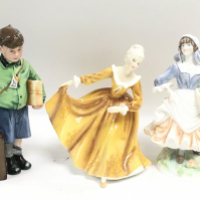 Porcelain figures including Royal Doulton The Boy Evacuee HN3202 and Kristy HN2381, a Royal Worcester Old Country Ways figure. This lot cannot be posted. NO RESERVE