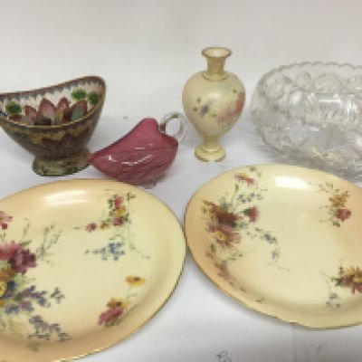 A pair of Worcester porcelain dishes hand painted with flowers a vase (chip to the base) a cut glass bowl a cranberry glass jug and a modern enamel basket (6) NO RESERVE