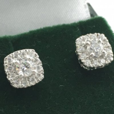 A pair of 14 carat white gold rounded square diamond set cluster studs. RBC diamonds 1.00ct. Total weight 3.2g. Postage category A