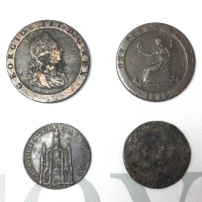 4 early copper coins and tokens to include 1797 Cartwheel penny, 1813 Penny Token for Sheffield T.Hobson & Sons button manufacturers, 1794 Queen Elizabeth II Chichester half penny condor token, 1 additional token poor condition.