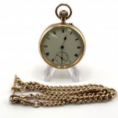A 9ct gold open faced pocket watch together with a full 9ct gold Albert chain. (Chain 49.48g, Watch 90.13g), seen in working order. (A)
