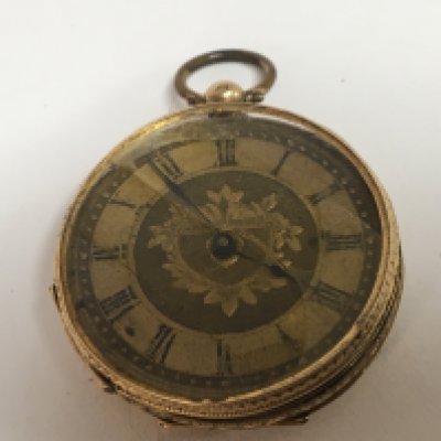 An 18carat gold key wind pocket watch open face damaged and not seen working spare or repair.