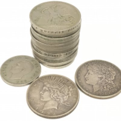 A collection of coins including two US dollars, 1921 and 1922. Postage category a
