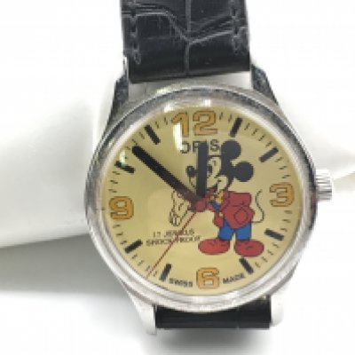 An Oris watch with Mickey mouse dial. 36mm. Seen running. Postage B