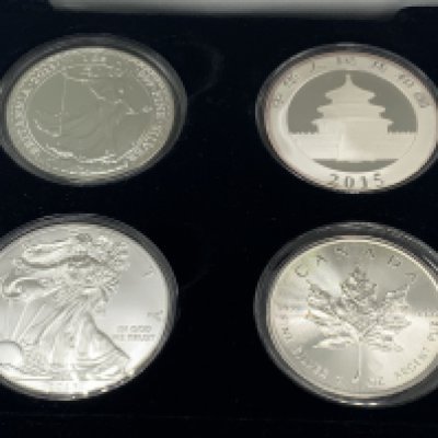 4 2015 cased fine silver 1OZ coins. Liberty, Britannia, Maple Leaf, Panda. (A)
