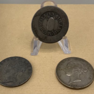 A 1775 George III Halfpenny imitation coin for Adelphi cotton works token, 1844 Young head Victoria half crown, 1840 East India Company One Rupee. (A)