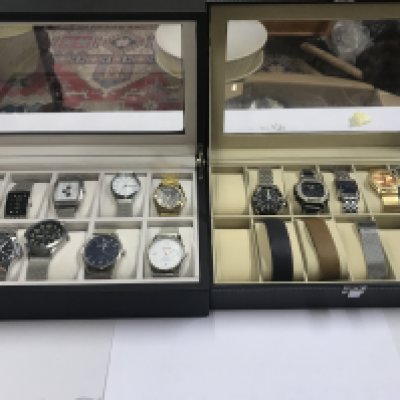 Two watch boxes containing a collection of assorted dress watches including Casio Sekonda Accurist etc. Postage B