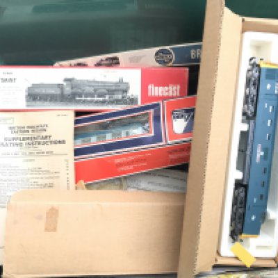 A Box Containing A Collection of 00 Gauge Locos. Track And Model Kits.