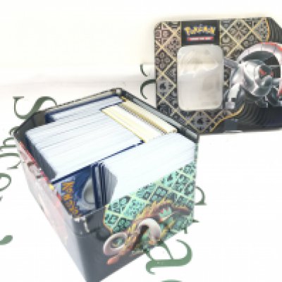 A Collection of 600+ modern Pokemon Cards Including Holographic And Japanese Holos. In Pokemon Tin.