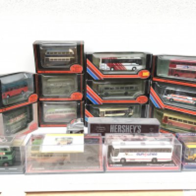 A collection in excess of 15 boxed diecast model vehicles mainly buses or coaches by EFE and Corgi. Also includes a loose Dinky diecast HGV unit and trailer in Hersheys livery. No reserve.