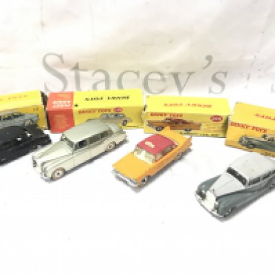 4 Boxed Dinky Toys Vehicles. All Playworn and Boxes Are Worn. A Simca Versailles #24Z. A Rolls-Royce Phantom V #198. A Plymouth USA Taxi #265 And A Rolls-Royce Silver Wraith #150. No Reserve.