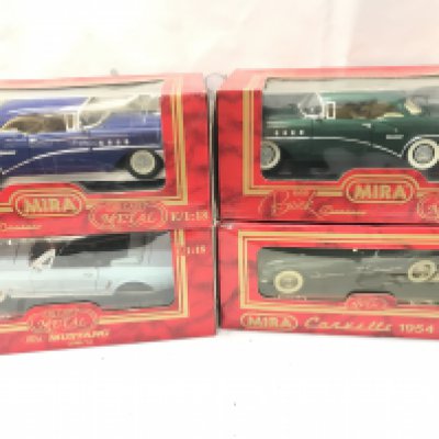 4 X Boxed Mira Diecast Cars, 1/18 Scale. 2 X Buicks A Corvette And A Mustang (Damaged). No Reserve.
