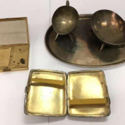 A silver cigarette case along with a musical compact and some silver plate. Postage B