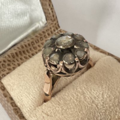 8ct yellow gold Victorian style cluster ring set with rose cut diamonds, 0.45ct approx. With stylish box. Postage category A.