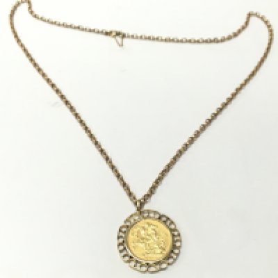 An 1892 Young Head Victoria Sydney mint full sovereign with mount and chain. 27g total weight. Postage category A