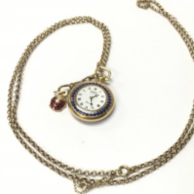 9ct chain fob with Bernex watch and lady bird pendant. Chain weight approximately 13g. Postage category A