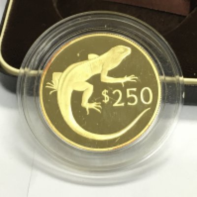 A 1978 250 Fijian gold coin featuring a banded iguana. 33.43g 21ct gold. Postage B