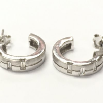A pair of 18ct white gold baguette diamond hoop earrings , 4.4g total weight . Postage category A