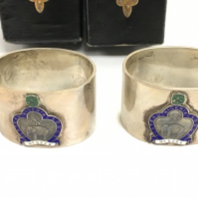 Two silver masonic and enamel Nigeria napkin rings with box. Circa 1931. 122.8g total. Postage B