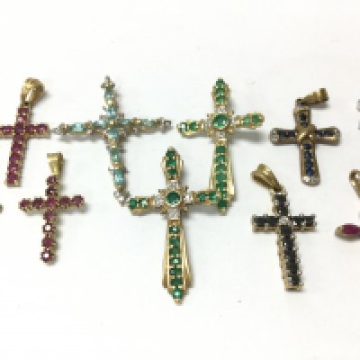 9ct gold diamond and various stone set cross pendants , 9.20g total weight. Postage category A
