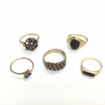 Five 9ct gold rings, mostly set with stones, approx total weight 11.4g. Shipping category A.