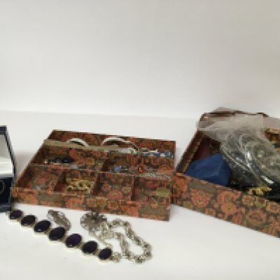 A collection of silver 20th century Rennie Mackintosh jewellery other silver jewellery and costume jewellery and watches.
