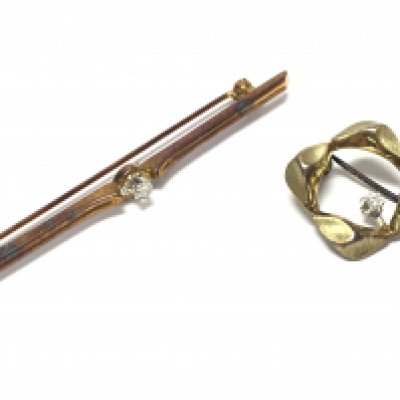 Two gold brooches, set with small diamonds , 5.5g total weight. Postage category A