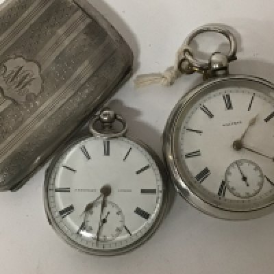 Two silver cased key wind pocket watches a Waltham J B Yabsley London and a silver cigarette case (3)