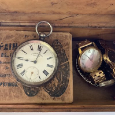 A Silver pocket watch together with 3 vintage watches and a small brass microscope lense attachment. (A)