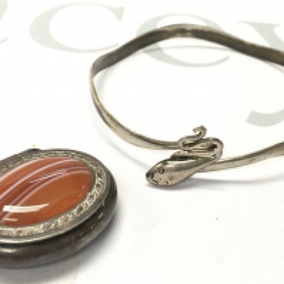 Silver snake bangle and a silver pill box , postage category A