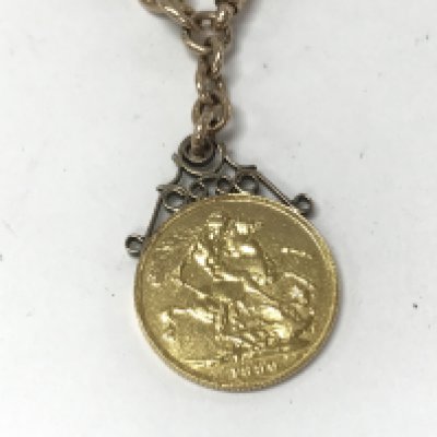 An 1890 full sovereign on a 9ct gold chain. Total weight 22.40g Postage A
