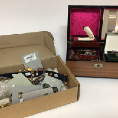 A Jewellery box containing costume jewellery a box of modern costume jewellery and a Regal pen set.