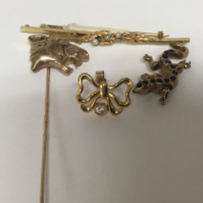 A 9carat gold stick pin a stone set 9carat gold lizard pendent gold earring and a gold brooch weight 10g (4)