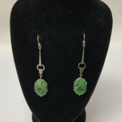 A pair of Art Deco 9ct white gold and carved jade drop earrings, 6cm drop, (A)