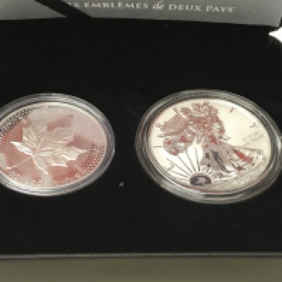A silver 1oz maple and a silver 1oz eagle coin with COAs.