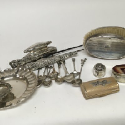 A collection of silver oddments spoons and other items including silver plated items.